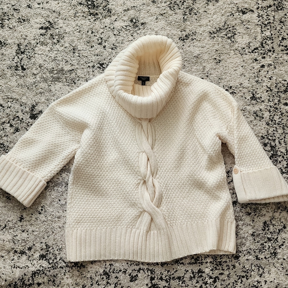 Talbots Cableknit Turtleneck Sweater Quarter Sleeve Womens Size M Petite Cream - Picture 2 of 9